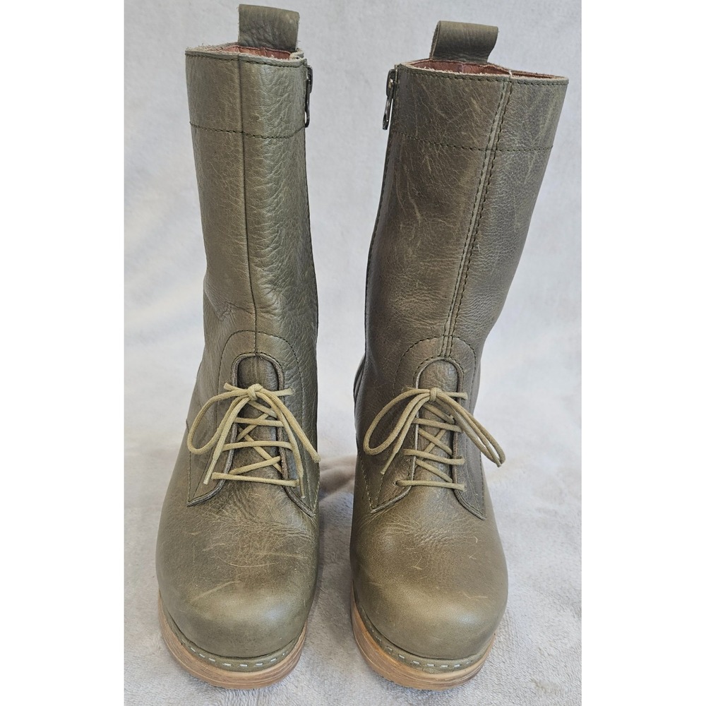 Calou Stockholm Greta Moss Green Leather Clog Boots Lace Up Boho Scandi Size 38